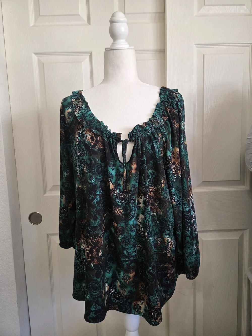 Women's Teal Floral Peasant Top - Boho Tunic - Picture 2 of 5